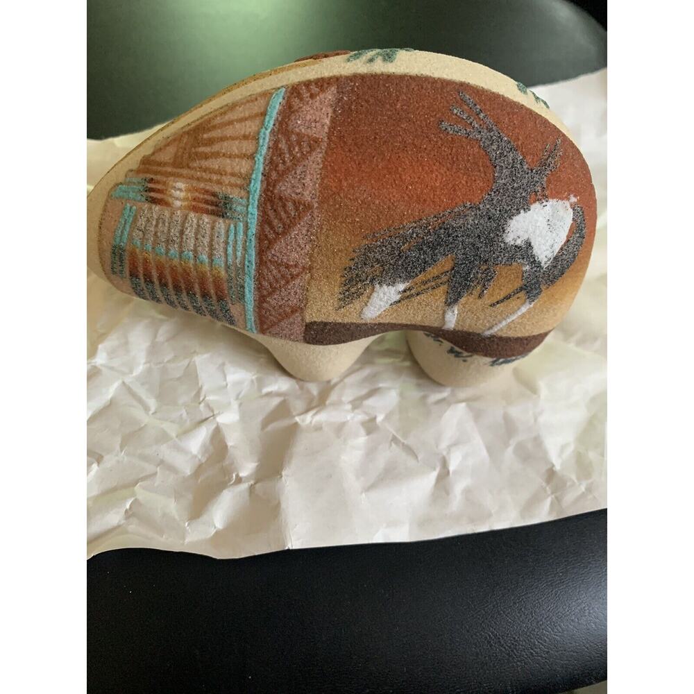 J Whiterock Signed Navajo Bear Sand Art With Native American Southwestern